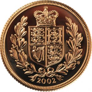 Reverse side of a 2002 gold Sovereign